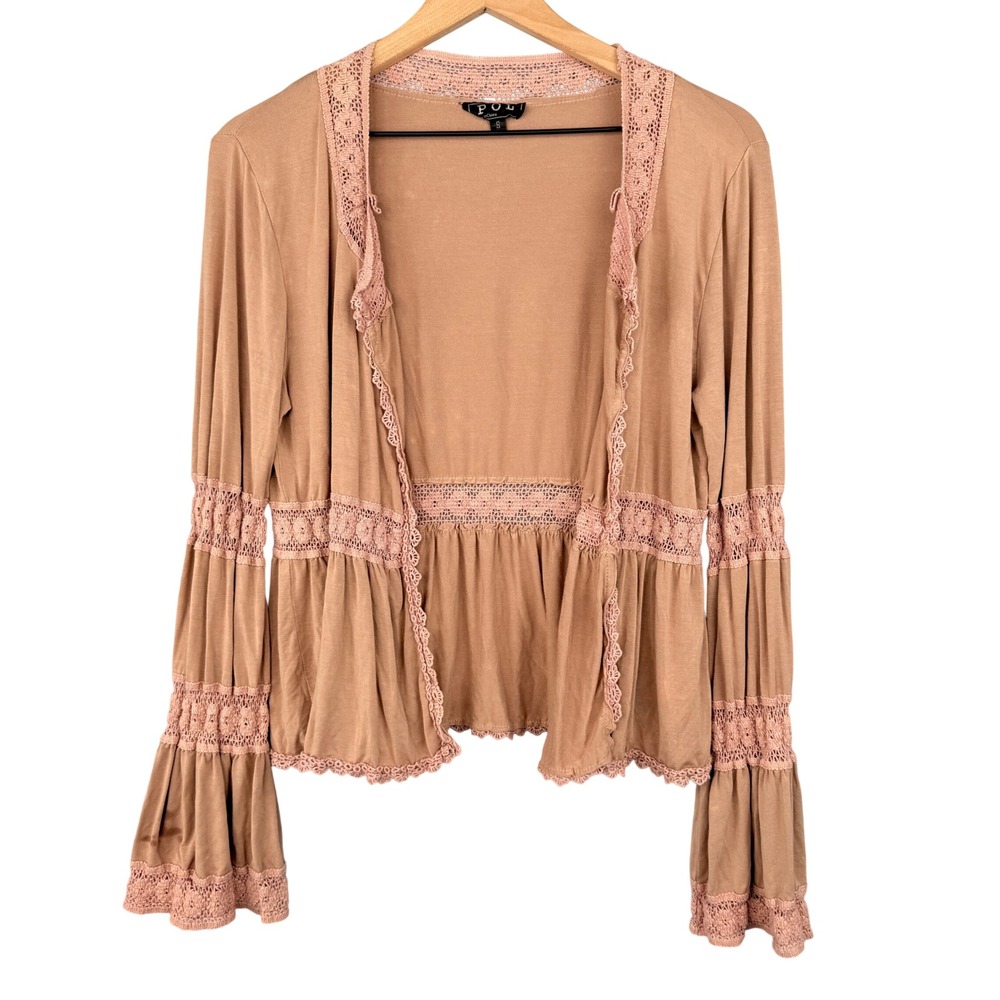 POL Cardigan Women Small Pink Lace Trim Bell Sleeve Open Front Peplum Mineral